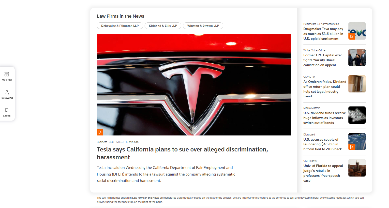 Reuters Legal News – No Paywall! No Onepass! Customizable Legal News |  Dewey B Strategic